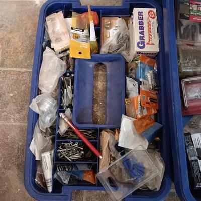 2 TIER TOTE FULL OF VARIOUS HARDWARE