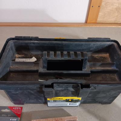 VARIETY OF TOOLS AND A TOOL BOX W/SHELF