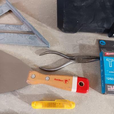 VARIETY OF TOOLS AND A TOOL BOX W/SHELF