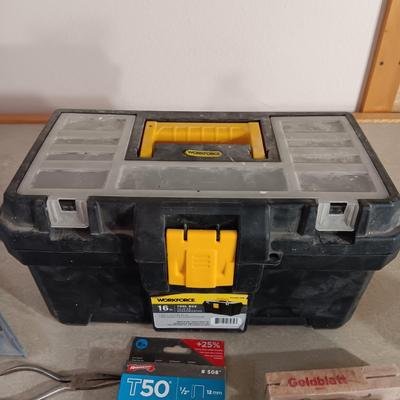 VARIETY OF TOOLS AND A TOOL BOX W/SHELF