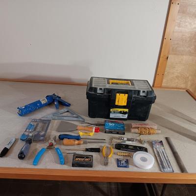 VARIETY OF TOOLS AND A TOOL BOX W/SHELF