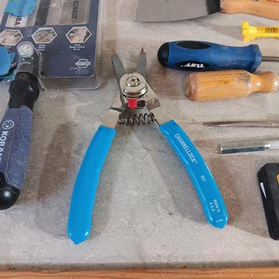 VARIETY OF TOOLS AND A TOOL BOX W/SHELF