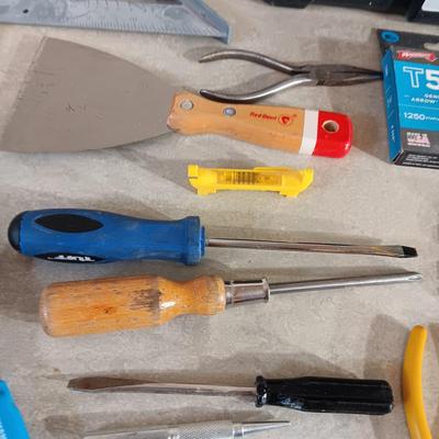 VARIETY OF TOOLS AND A TOOL BOX W/SHELF