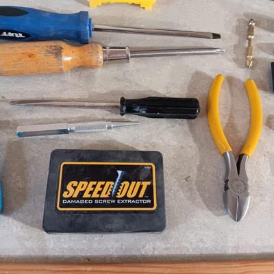 VARIETY OF TOOLS AND A TOOL BOX W/SHELF