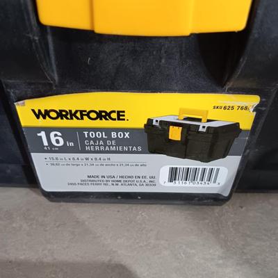 VARIETY OF TOOLS AND A TOOL BOX W/SHELF