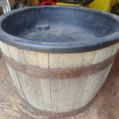 Vintage Wood Slat Half Barrell with Planter Pan on Casters