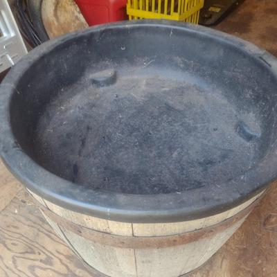 Vintage Wood Slat Half Barrell with Planter Pan on Casters
