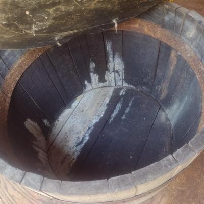 Vintage Wood Slat Half Barrell with Planter Pan on Casters