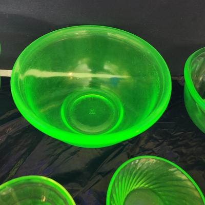 Large Lot of Green Glass Vaseline Uranium Glass Bowls , Cups, Footed Cups