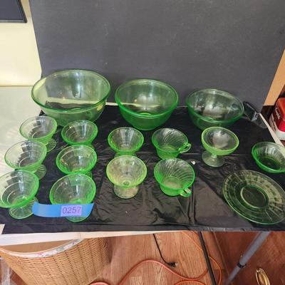 Large Lot of Green Glass Vaseline Uranium Glass Bowls , Cups, Footed Cups