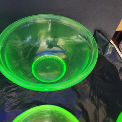 Large Lot of Green Glass Vaseline Uranium Glass Bowls , Cups, Footed Cups