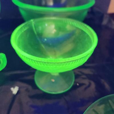 Large Lot of Green Glass Vaseline Uranium Glass Bowls , Cups, Footed Cups