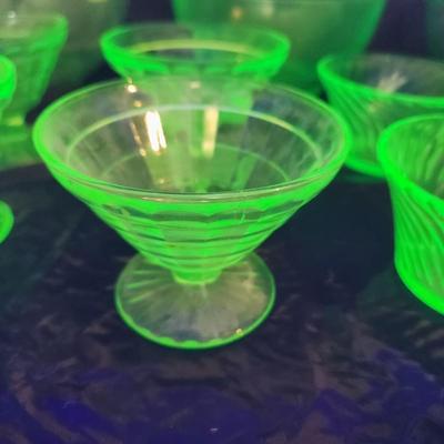 Large Lot of Green Glass Vaseline Uranium Glass Bowls , Cups, Footed Cups