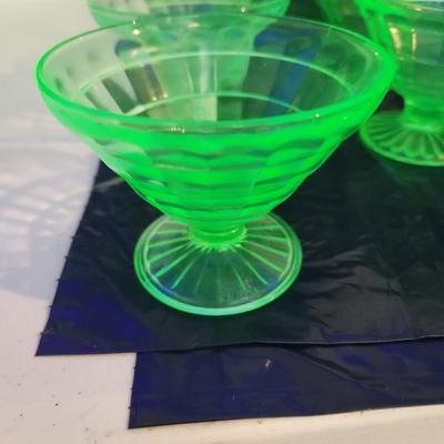 Large Lot of Green Glass Vaseline Uranium Glass Bowls , Cups, Footed Cups