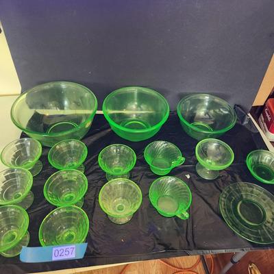 Large Lot of Green Glass Vaseline Uranium Glass Bowls , Cups, Footed Cups