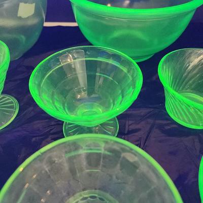 Large Lot of Green Glass Vaseline Uranium Glass Bowls , Cups, Footed Cups