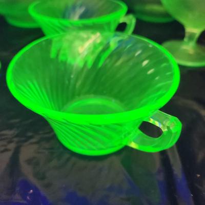 Large Lot of Green Glass Vaseline Uranium Glass Bowls , Cups, Footed Cups