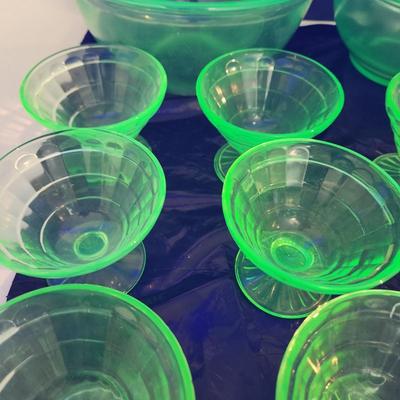 Large Lot of Green Glass Vaseline Uranium Glass Bowls , Cups, Footed Cups