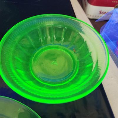 Large Lot of Green Glass Vaseline Uranium Glass Bowls , Cups, Footed Cups