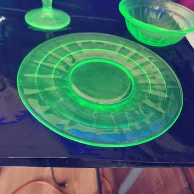 Large Lot of Green Glass Vaseline Uranium Glass Bowls , Cups, Footed Cups