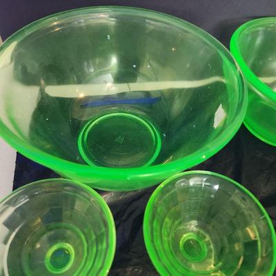 Large Lot of Green Glass Vaseline Uranium Glass Bowls , Cups, Footed Cups