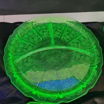 Large Lot of Green Glass Vaseline Uranium Glass Plates, Serving Dishes