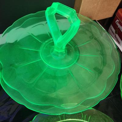 Large Lot of Green Glass Vaseline Uranium Glass Plates, Serving Dishes