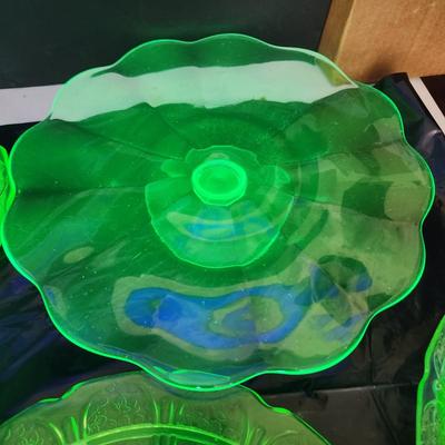 Large Lot of Green Glass Vaseline Uranium Glass Plates, Serving Dishes
