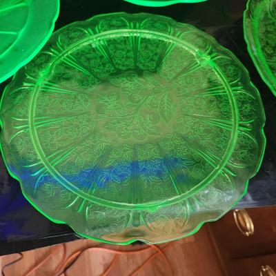 Large Lot of Green Glass Vaseline Uranium Glass Plates, Serving Dishes