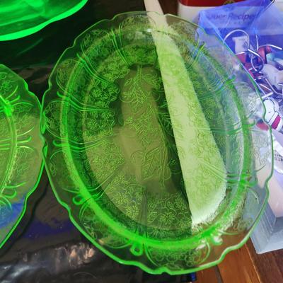 Large Lot of Green Glass Vaseline Uranium Glass Plates, Serving Dishes
