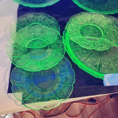 Large Lot of Green Glass Vaseline Uranium Glass Plates, Serving Dishes