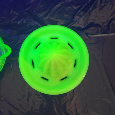 2 Vintage Green Glass Vaseline Uranium Glass Juicers