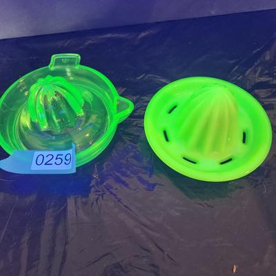 2 Vintage Green Glass Vaseline Uranium Glass Juicers