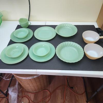 Lot of Fire King Glass Plates Bowls Green