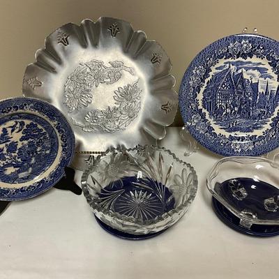 4 Blue Plates, Silver pressed platter, 2 glass bowls