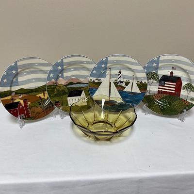 USA Plates and yellow glass bowl