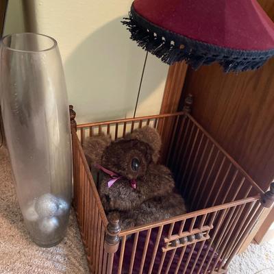 Small decorative play pen with shade and tall clear glass