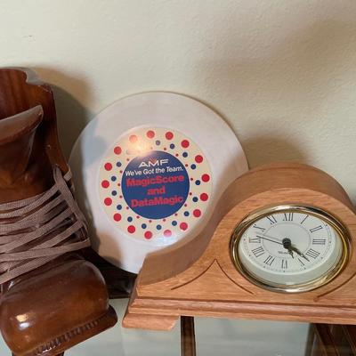 Wooden boot wine holder, vintage frisbee, and clock