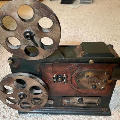 Vintage tin movie projectors & tote with movie party items