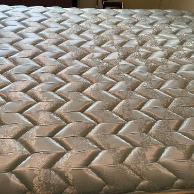 Queen: size mattress, bedding, headboard, and frame