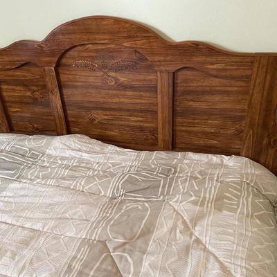 Queen: size mattress, bedding, headboard, and frame