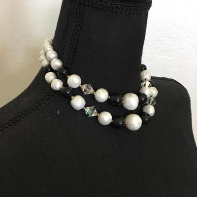 Beautiful, vintage, chunky faux, pearl black and white in Crystal Aurora Borealis bead, double strand, choker necklace