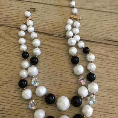 Beautiful, vintage, chunky faux, pearl black and white in Crystal Aurora Borealis bead, double strand, choker necklace