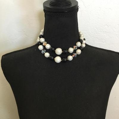 Beautiful, vintage, chunky faux, pearl black and white in Crystal Aurora Borealis bead, double strand, choker necklace