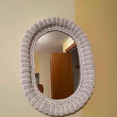 White Wicker nightstand and mirror