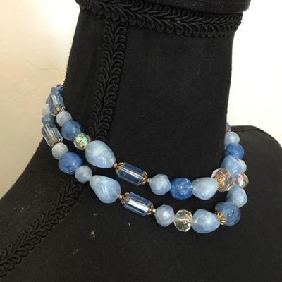 Beautiful, vintage, blue beaded double strand, choker necklace