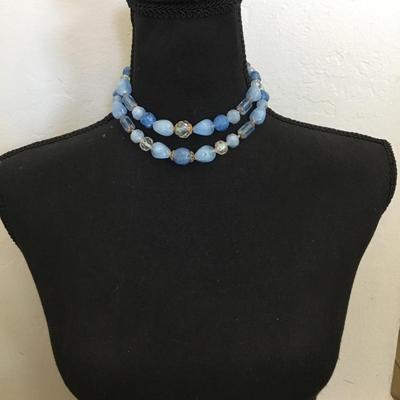 Beautiful, vintage, blue beaded double strand, choker necklace