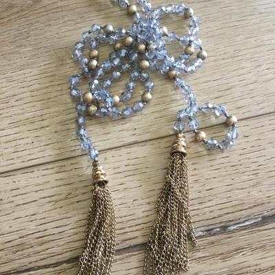 Beautiful, vintage, crystal bead, gold tone, tassel necklace