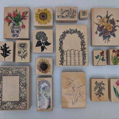 Lot of 17 Wooden Rubber Stamps Flowers Garden Sunflowers Tulips Roses Crafting
