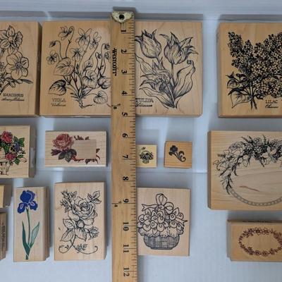 Lot of 15 Wooden Rubber Stamps Flowers Roses Tulips Lilac Iris Botanical Crafting